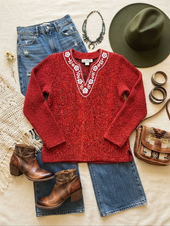 c.d. sport Sweaters - C.D. Sport Red Orange Embroidered Embellishmented Sweater